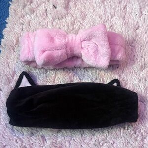 Plush Bow Headband & Cat Ear Headband Set - Pink and Black